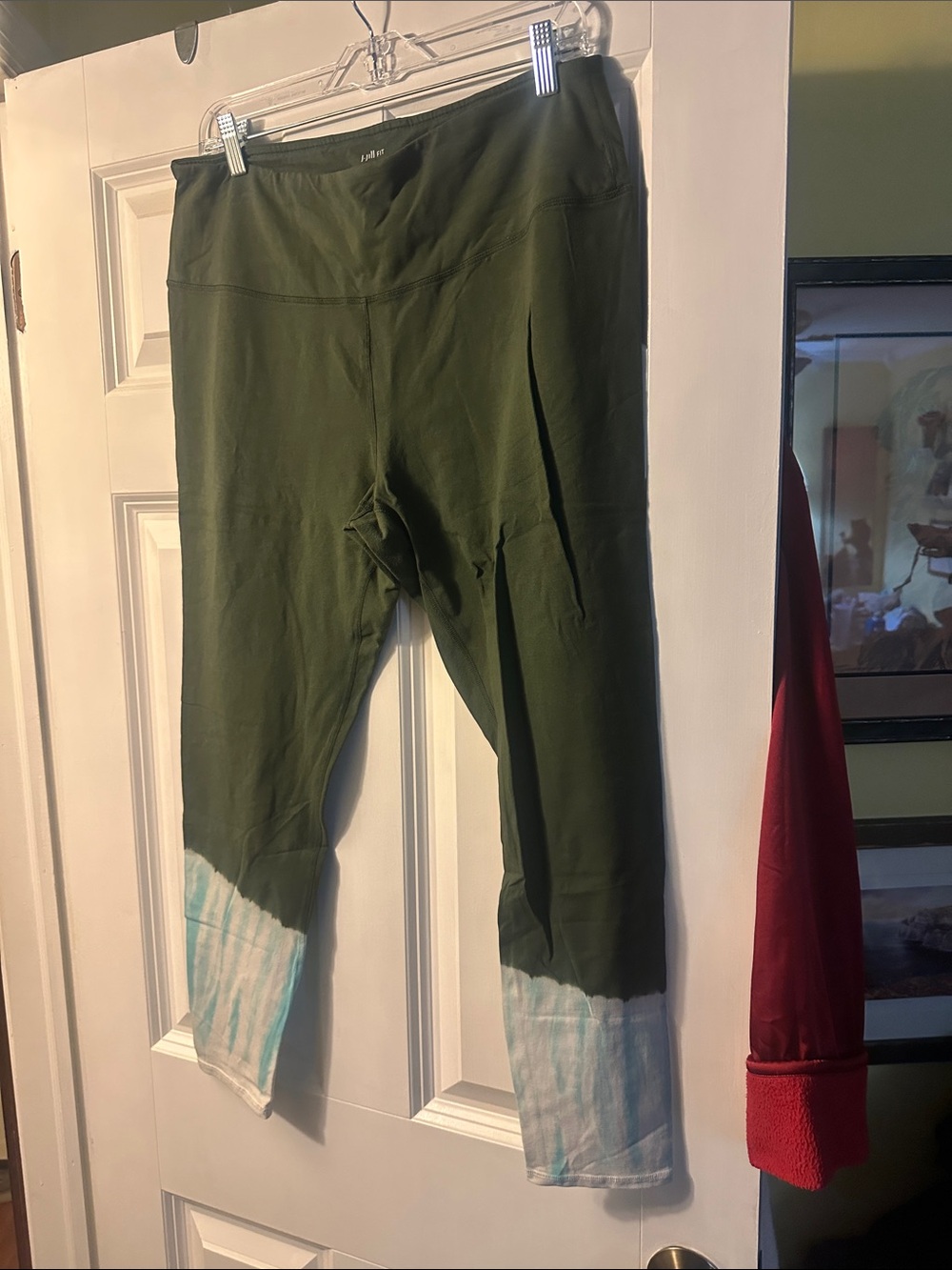 J. Jill Olive Green Capri Leggings with Light Blue Tie-Dye Cuffs